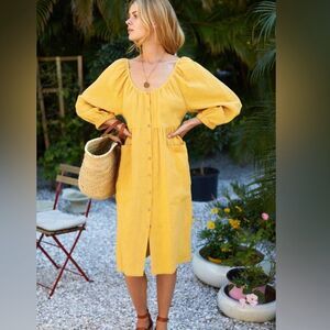 Tuckernuck Emerson Fry 100% Linen JASMINE BUTTON MIDI DRESS Yellow Honey X-Small